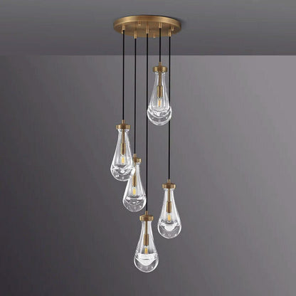 5-Light Glass Drop Chandelier, 14 Inch Round Ceiling Fixture with Cascading Crystal Pendants for Dining Room & Entryway