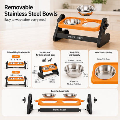 Ortekor Adjustable Elevated Stainless Steel Pet Bowls for Cats & Small Dogs - Tilted Feeding Station for Easier Mealtime & Less Floor Mess