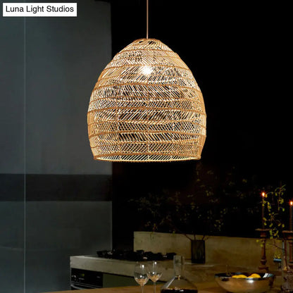 Woven Natural Fiber Dome Hanging Light Fixture – Bohemian Handcrafted Ceiling Lamp for Dining Room, Kitchen Island, Bedroom – Adjustable