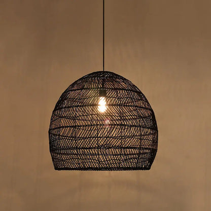 Woven Natural Fiber Dome Hanging Light Fixture – Bohemian Handcrafted Ceiling Lamp for Dining Room, Kitchen Island, Bedroom – Adjustable