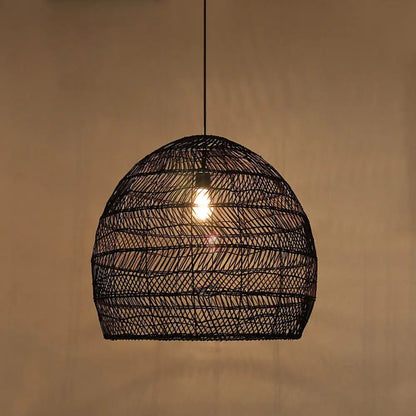Woven Natural Fiber Dome Hanging Light Fixture – Bohemian Handcrafted Ceiling Lamp for Dining Room, Kitchen Island, Bedroom – Adjustable