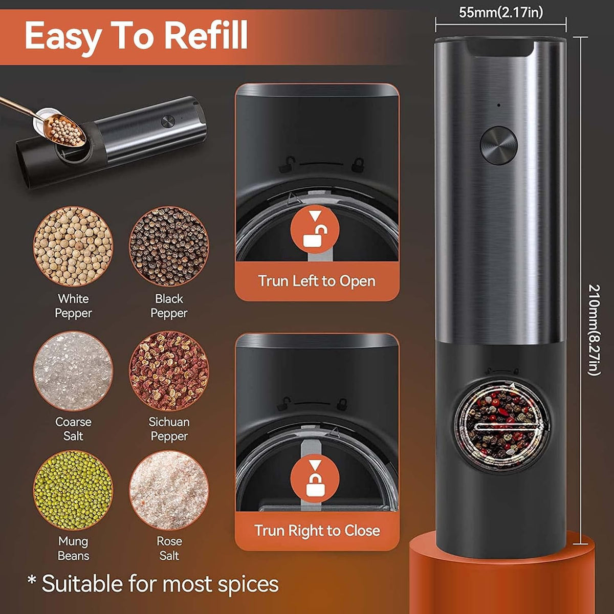 USB Rechargeable Electric Grinder Mill for Spices and Seasonings – Automatic One-Touch Stainless Steel Mill with Adjustable Coarseness Setti