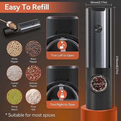 USB Rechargeable Electric Grinder Mill for Spices and Seasonings – Automatic One-Touch Stainless Steel Mill with Adjustable Coarseness Setti