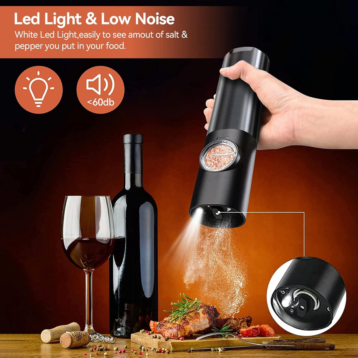 USB Rechargeable Electric Grinder Mill for Spices and Seasonings – Automatic One-Touch Stainless Steel Mill with Adjustable Coarseness Setti