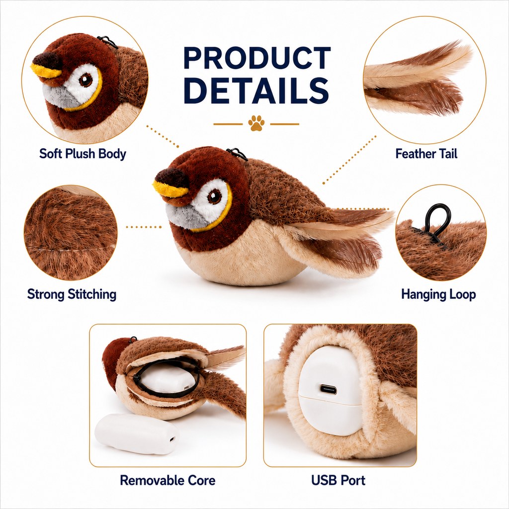 Ortekor Rechargeable Interactive Cat Toy - Flapping Bird, Plush Animal & Motion Activated Toys for Indoor Cats