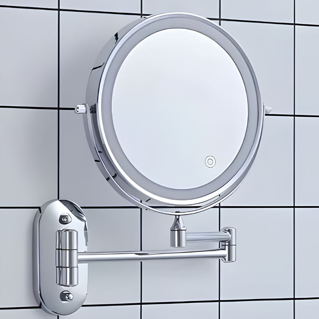 Wall-Mount Vanity Mirror with LED Ring Light & Swivel Magnifier – Rechargeable Touch Control for Makeup Application