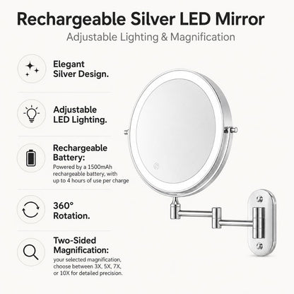 Wall-Mount Vanity Mirror with LED Ring Light & Swivel Magnifier – Rechargeable Touch Control for Makeup Application