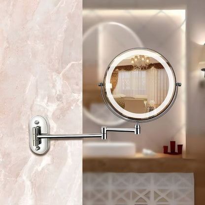Wall-Mount Vanity Mirror with LED Ring Light & Swivel Magnifier – Rechargeable Touch Control for Makeup Application