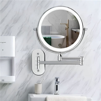 Wall-Mount Vanity Mirror with LED Ring Light & Swivel Magnifier – Rechargeable Touch Control for Makeup Application