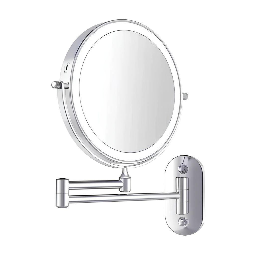 Wall-Mount Vanity Mirror with LED Ring Light & Swivel Magnifier – Rechargeable Touch Control for Makeup Application