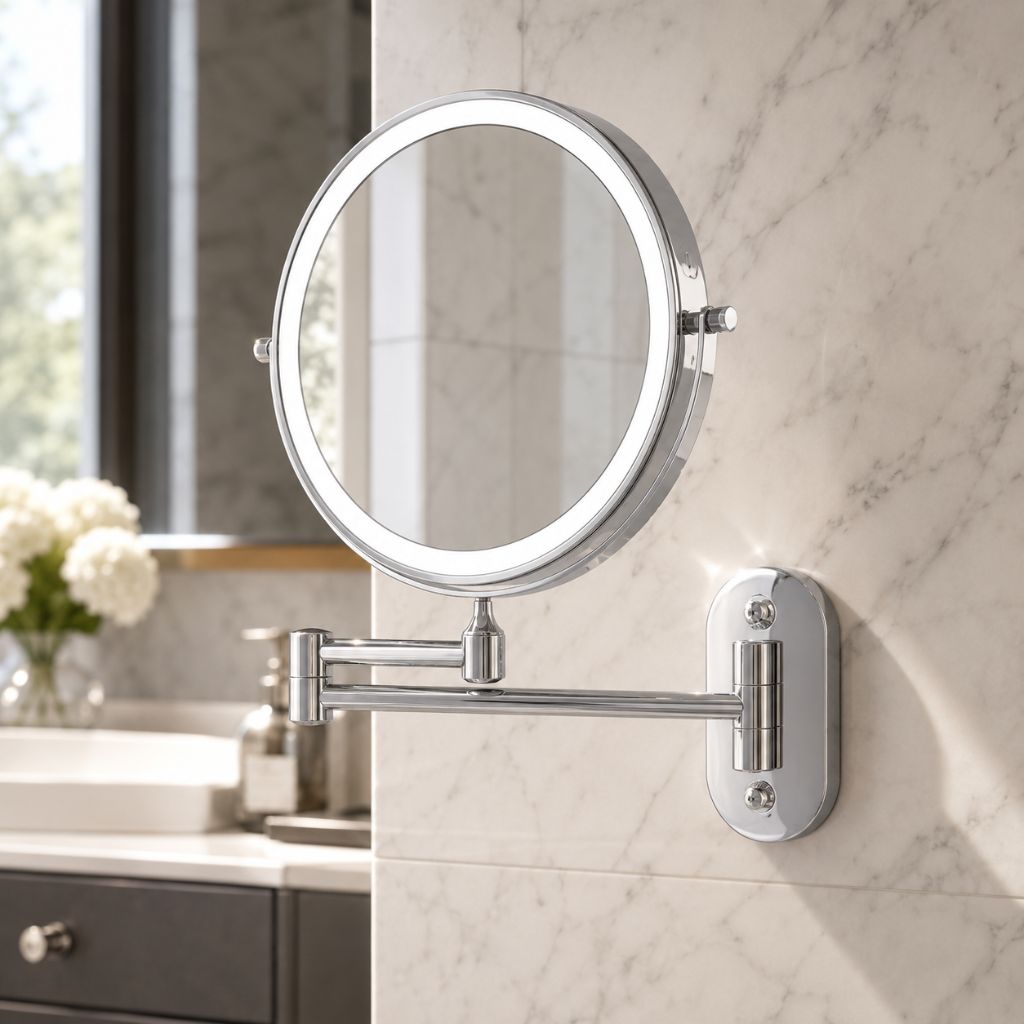 Wall-Mount Vanity Mirror with LED Ring Light & Swivel Magnifier – Rechargeable Touch Control for Makeup Application
