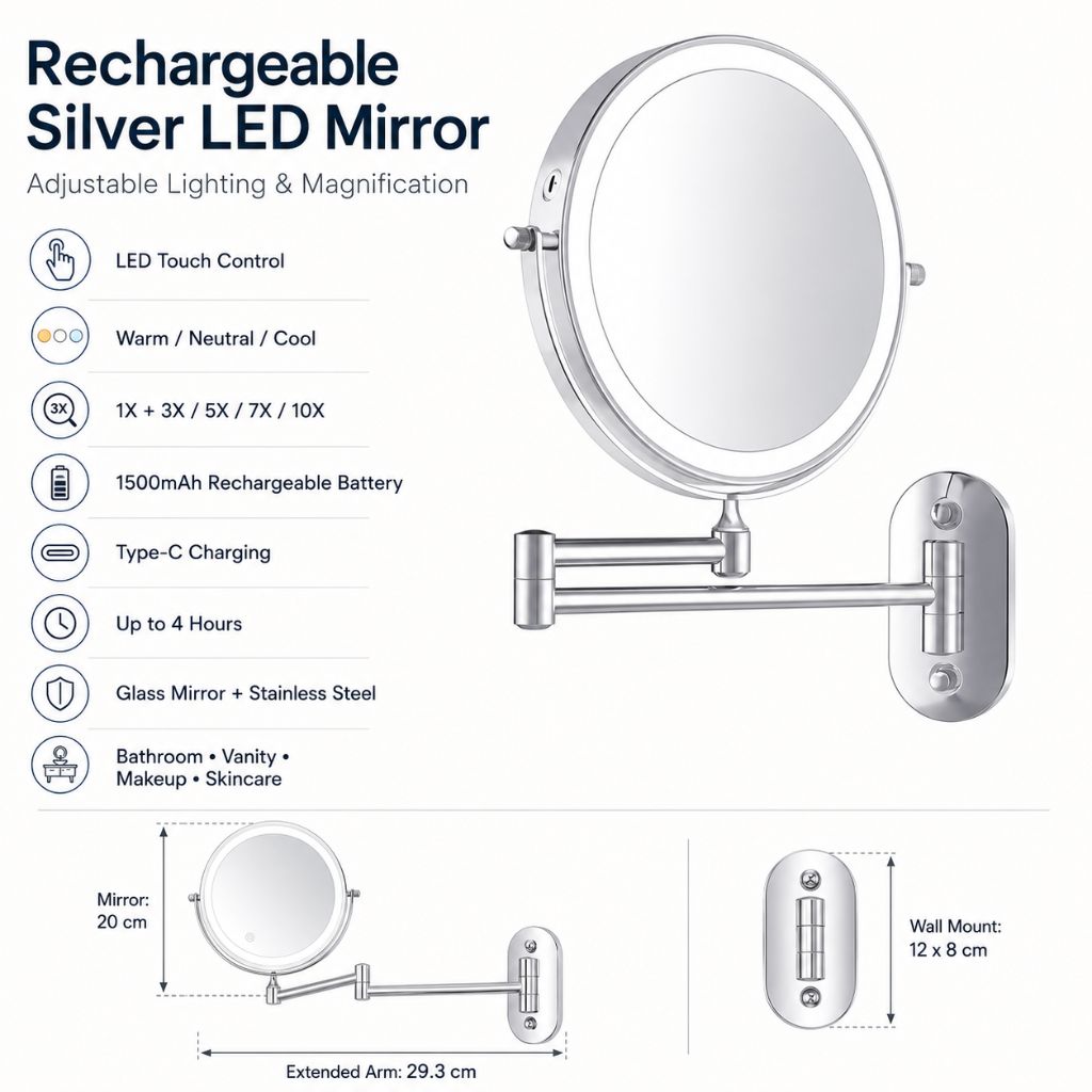 Wall-Mount Vanity Mirror with LED Ring Light & Swivel Magnifier – Rechargeable Touch Control for Makeup Application