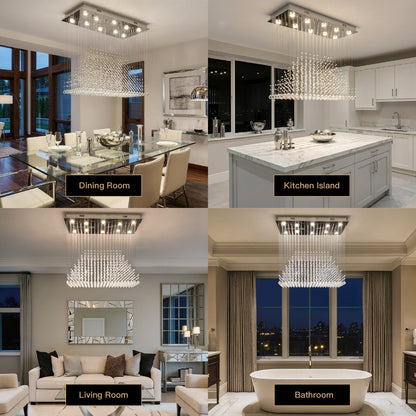Rectangular Crystal Chandelier with Pyramid Design, 10-Light Stainless Steel Hanging Fixture for Dining Room, Kitchen Island & Living Room