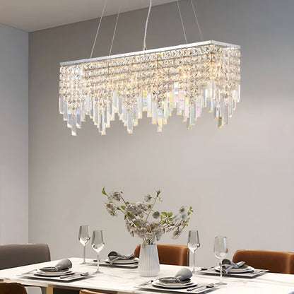 Linear Crystal Pendant Light Fixture Modern Dining Room Chandelier Stainless Steel Frame E12 Candelabra Base Adjustable Hanging Height for