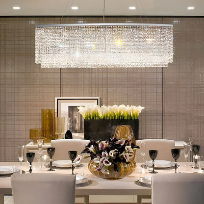 Linear Crystal Chandelier Chrome Finish Rectangular Dining Room Light Fixture Adjustable Height for Kitchen Island Living Room