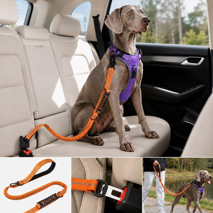 Ortekor Reflective Dog Car Seat Belt Leash for Backseat Travel & Daily Walks - Shock-Absorbing Bungee Tether to Help Reduce Pulling & Driver Distraction