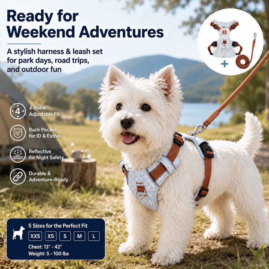 Ortekor Vintage Denim No-Pull Dog Harness &5 ft Rope Leash Set - Soft Adjustable Vest for Everyday Walks, Better Control & Low-Light Visibility