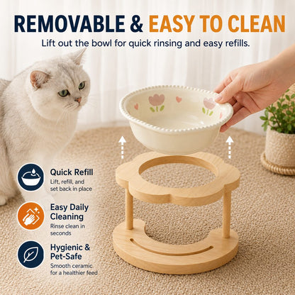 Ortekor Elevated Ceramic Pet Bowl with Wooden Stand for Cats & Small Dogs