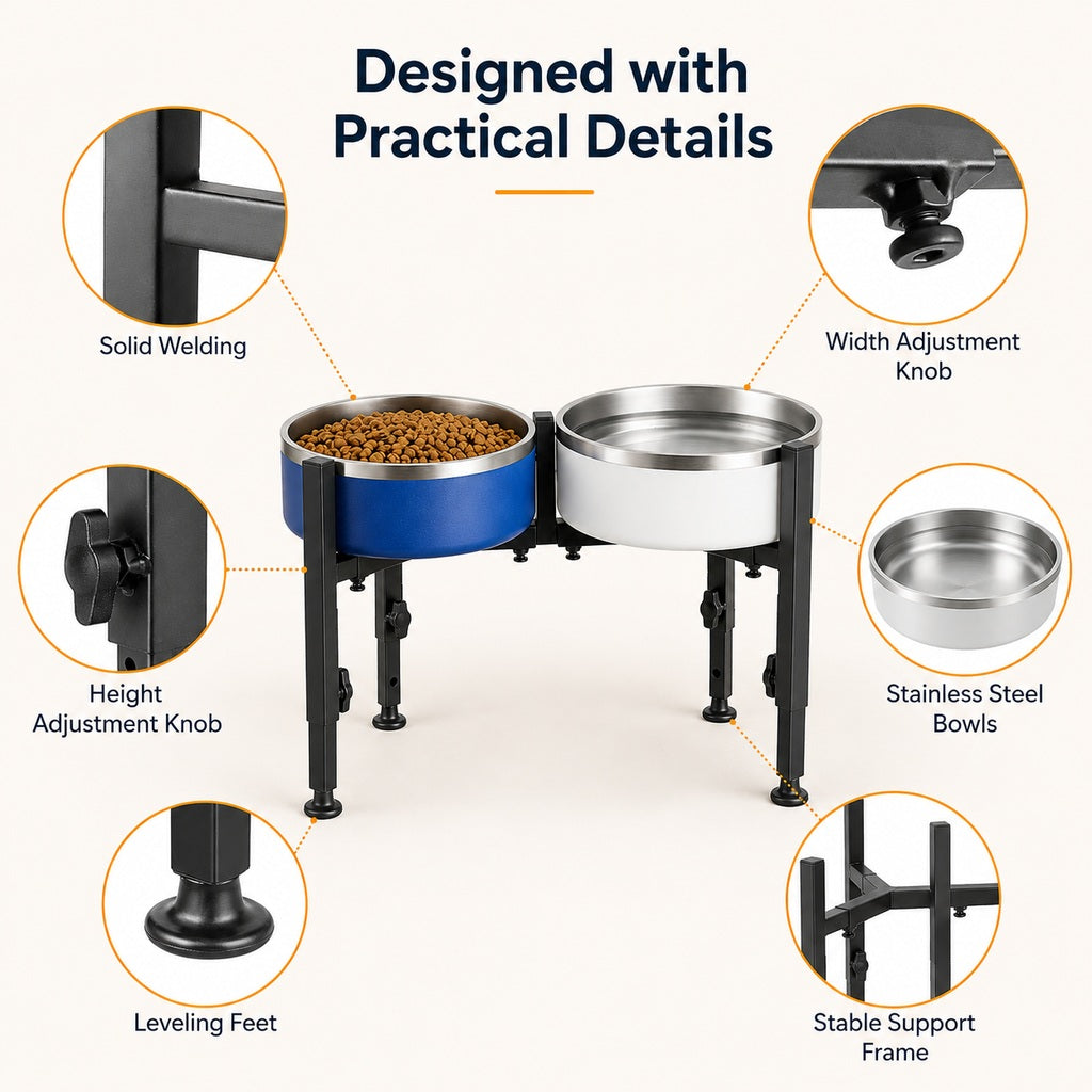 Ortekor Adjustable Raised Dog Bowl Stand for Home Feeding - No-Bend Metal Pet Bowl Holder for Cleaner, More Comfortable Meals