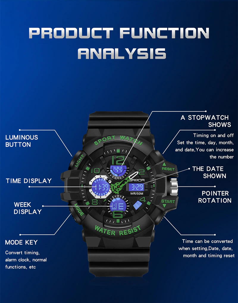 Montre numérique avec grand cadran de 54,6 mm, montre militaire étanche 5 bars, montre de sport robuste pour l'extérieur
