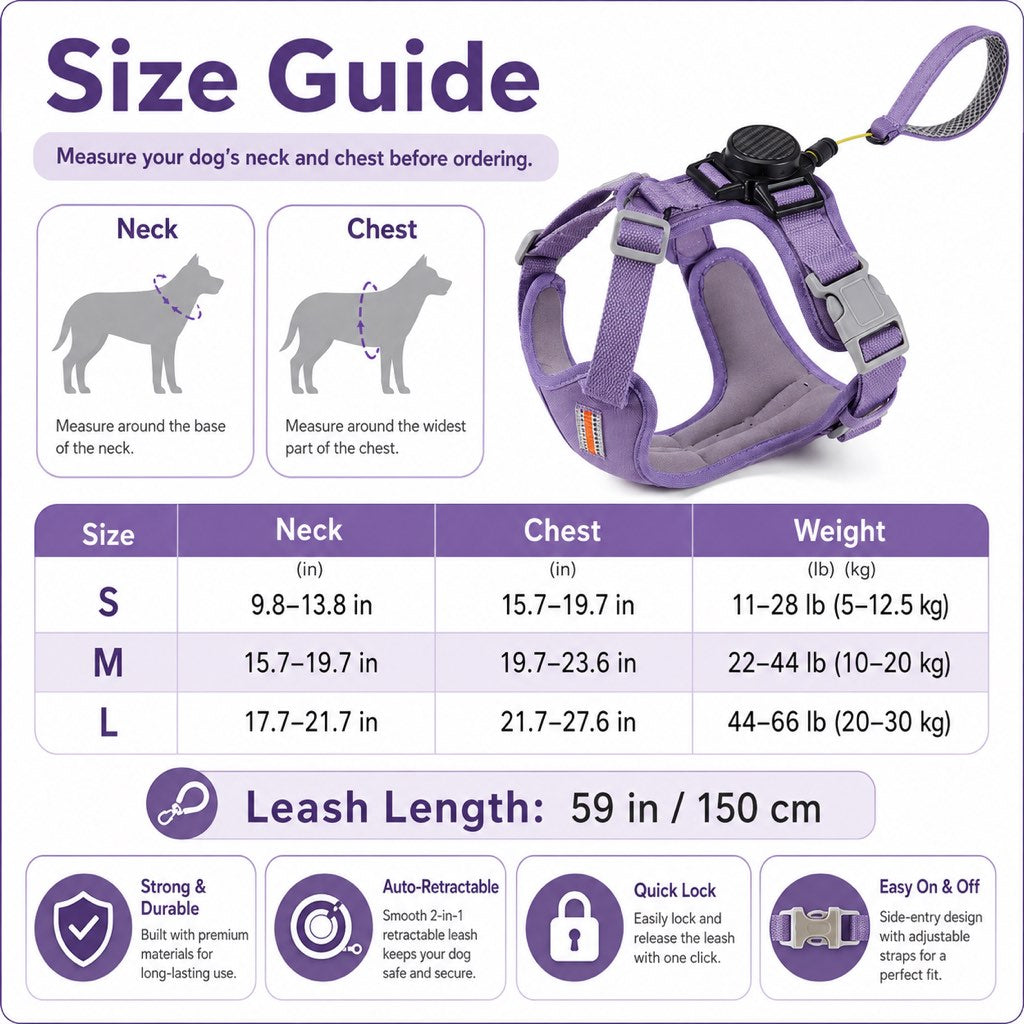 Ortekor 2-in-1 Retractable Dog Harness for Daily Walks - Built-In Leash Vest with Auto-Stop Control for Small & Medium Dogs