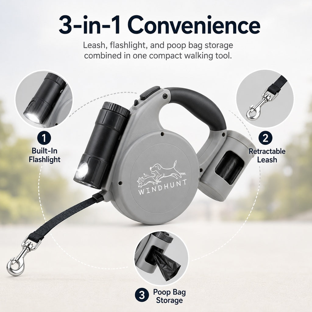 Ortekor 3-in-1 Retractable Dog Leash for Night Walks - Built-In Flashlight & Poop Bag Holder for Easier, Cleaner Walks