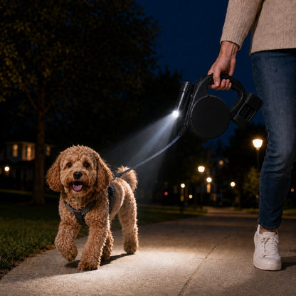 Ortekor 3-in-1 Retractable Dog Leash for Night Walks - Built-In Flashlight & Poop Bag Holder for Easier, Cleaner Walks