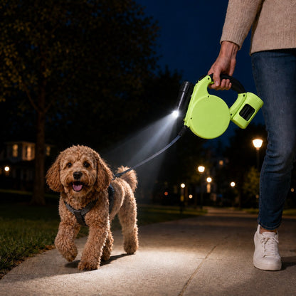 Ortekor 3-in-1 Retractable Dog Leash for Night Walks - Built-In Flashlight & Poop Bag Holder for Easier, Cleaner Walks