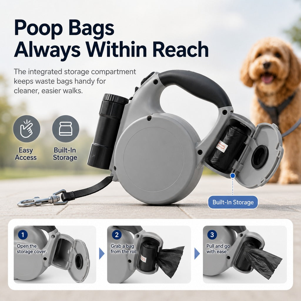 Ortekor 3-in-1 Retractable Dog Leash for Night Walks - Built-In Flashlight & Poop Bag Holder for Easier, Cleaner Walks