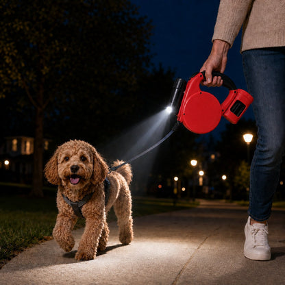 Ortekor 3-in-1 Retractable Dog Leash for Night Walks - Built-In Flashlight & Poop Bag Holder for Easier, Cleaner Walks