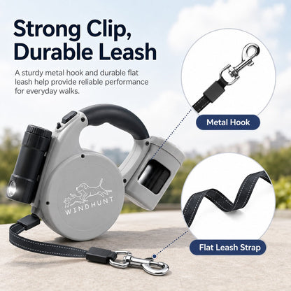 Ortekor 3-in-1 Retractable Dog Leash for Night Walks - Built-In Flashlight & Poop Bag Holder for Easier, Cleaner Walks
