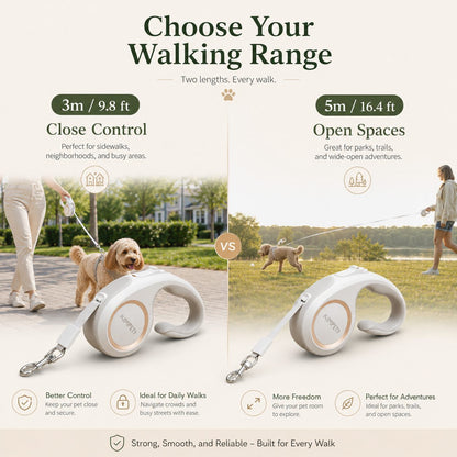 Ortekor Retractable Dog Leash for Daily Walks & Park Outings - Tangle-Free 3m/5m Pet Lead with One-Button Brake, Comfort C-Grip & No-Mess Auto-Retract