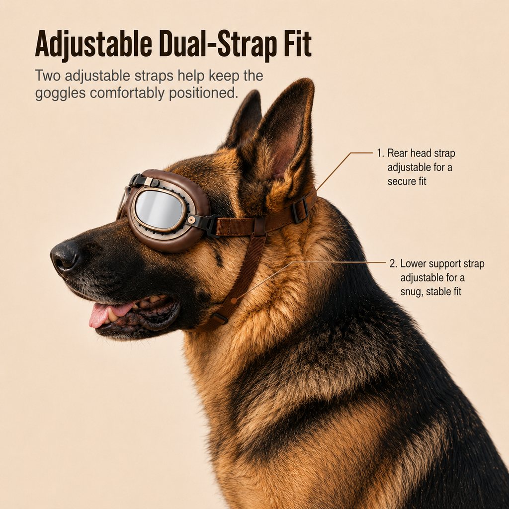 Ortekor Retro Aviator Dog Goggles for Hiking & Road Trips - Adjustable Padded Eyewear That Helps Reduce Wind & Dust Exposure