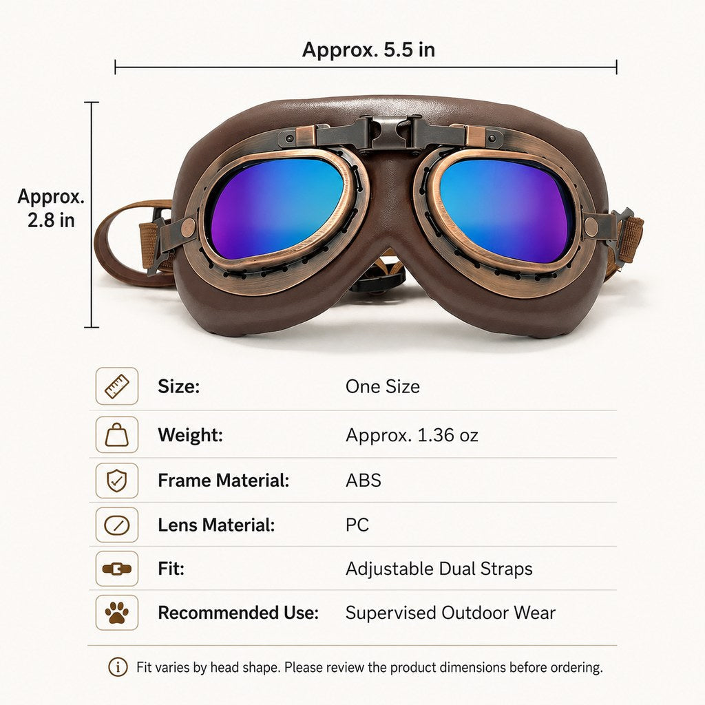 Ortekor Retro Aviator Dog Goggles for Hiking & Road Trips - Adjustable Padded Eyewear That Helps Reduce Wind & Dust Exposure