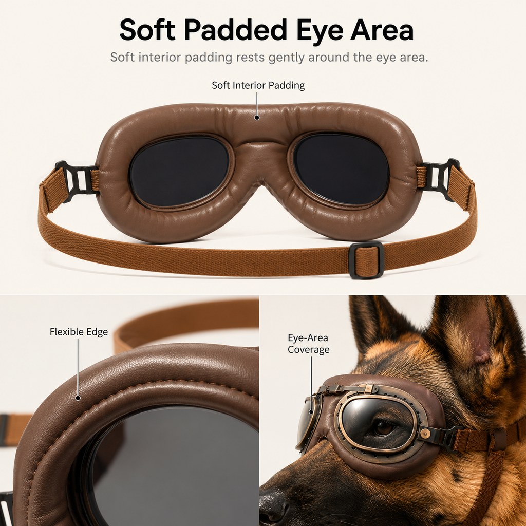 Ortekor Retro Aviator Dog Goggles for Hiking & Road Trips - Adjustable Padded Eyewear That Helps Reduce Wind & Dust Exposure