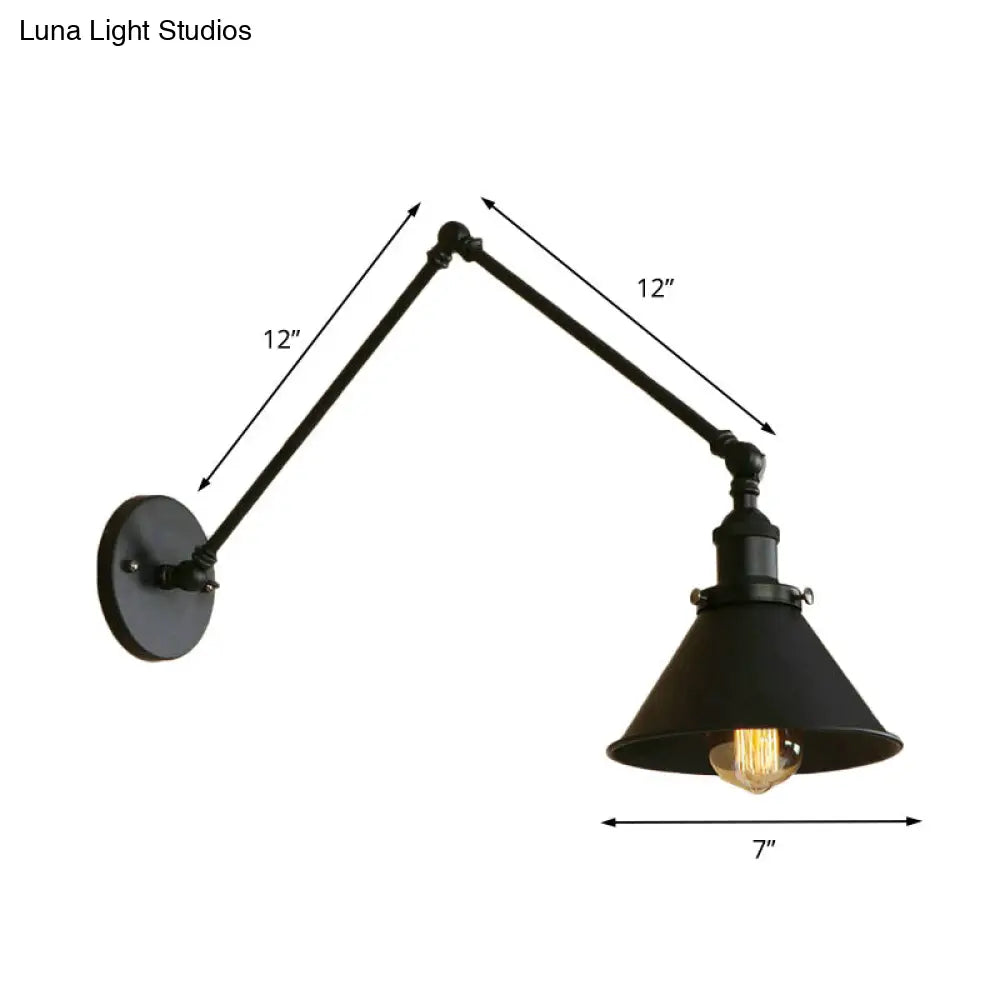 Adjustable Swing Arm Wall Sconce – Black Metal Cone Shade Light for Bedroom, Living Room & Hallway – Industrial Reading Lamp