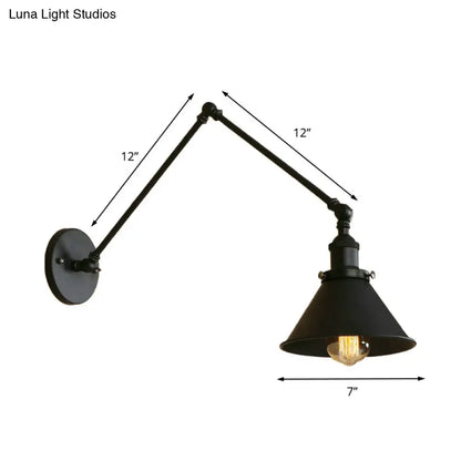Adjustable Swing Arm Wall Sconce – Black Metal Cone Shade Light for Bedroom, Living Room & Hallway – Industrial Reading Lamp