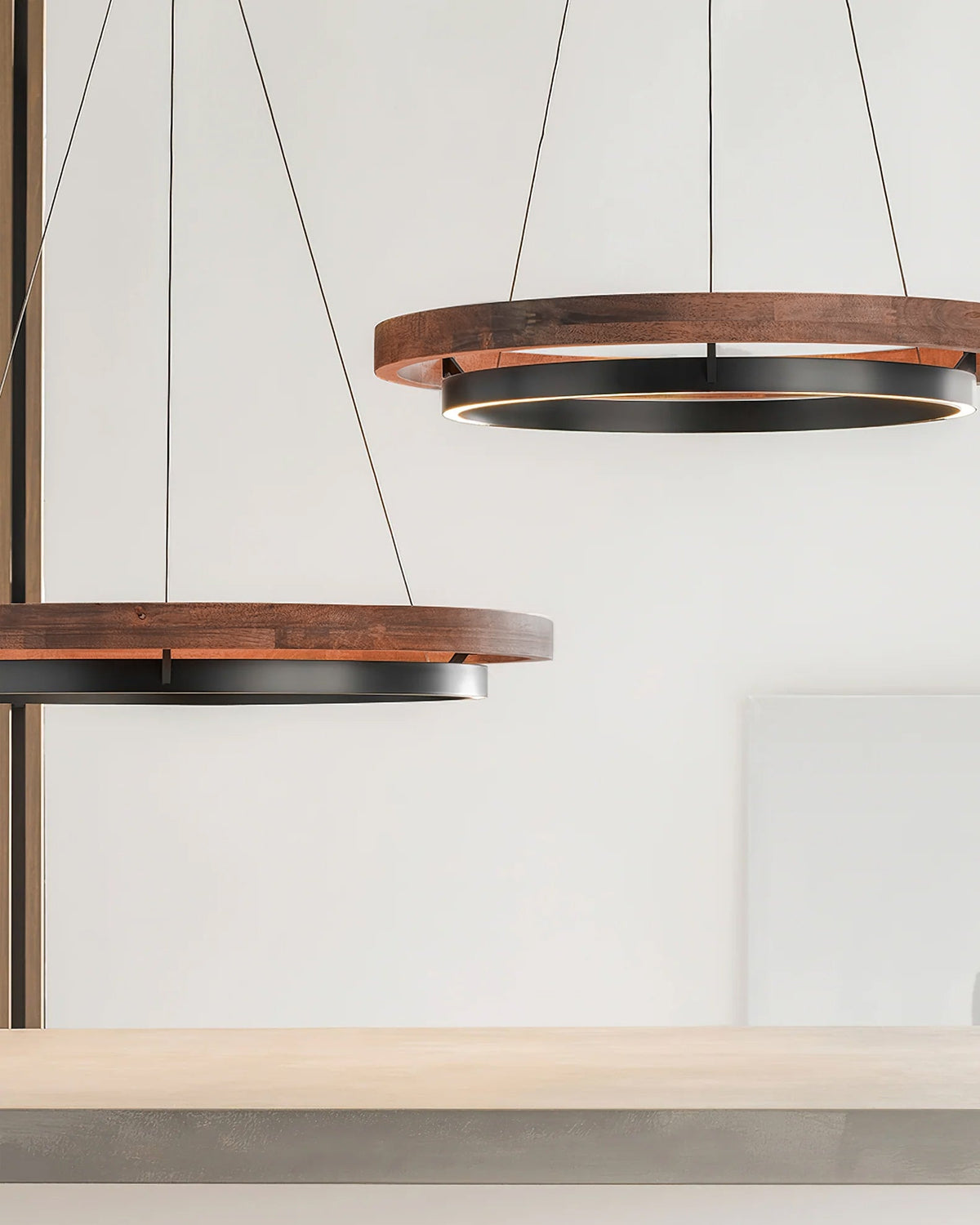 Dual-Ring LED Overhead Fixture Walnut & Black Finish Contemporary Dining Room Suspended Lighting 24-40 Inch Ceiling Mount