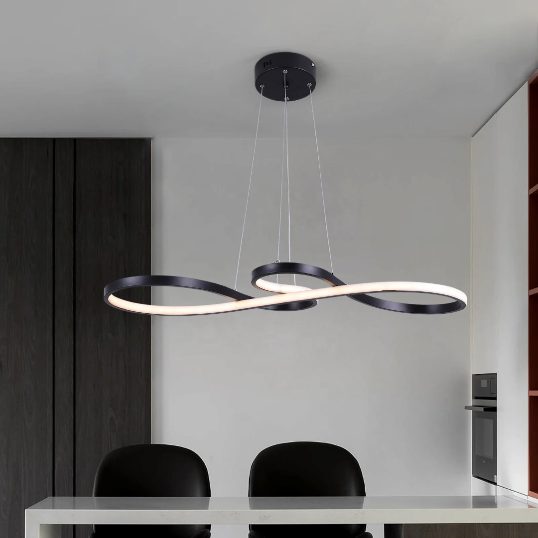 Modern Circle Hanging Fixture with Remote Dimming for Dining Room & Kitchen Island Adjustable Height 47 in Black White Gold Finish Contempor