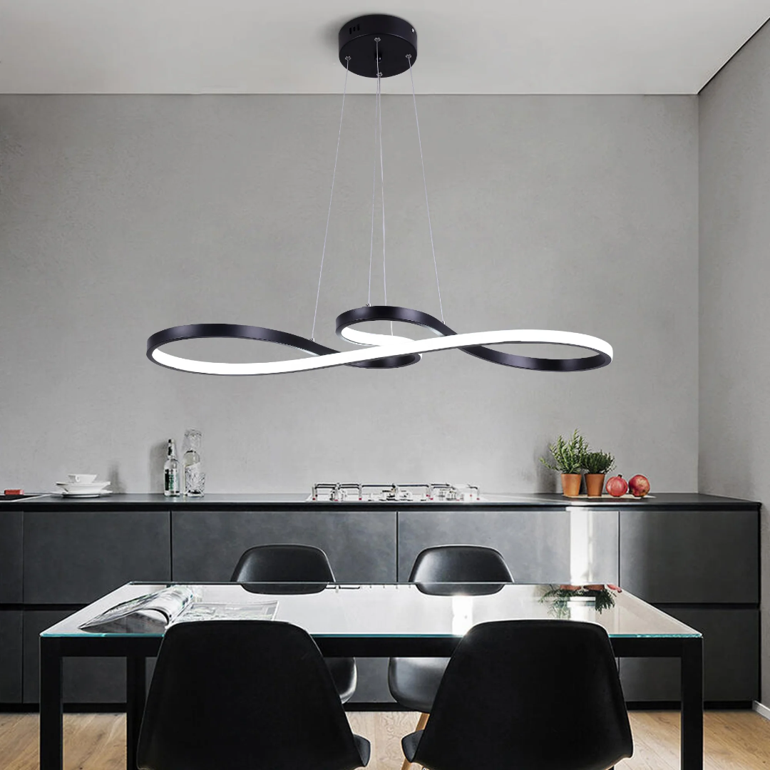 Modern Circle Hanging Fixture with Remote Dimming for Dining Room & Kitchen Island Adjustable Height 47 in Black White Gold Finish Contempor