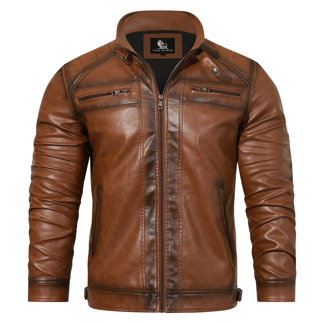 Men's Embroidered Moto Jacket in PU Leather with Side Belt & Zip Pockets – Classic Biker Style for Street, Rides & Everyday Wear