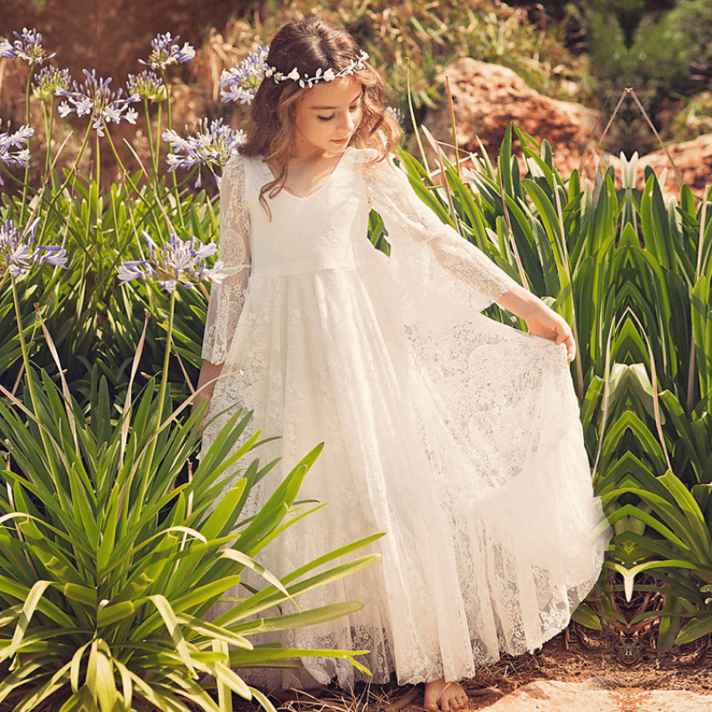 Girls White Lace Communion Dress with Bohemian Details for First Communion Ceremonies and Special Occasions