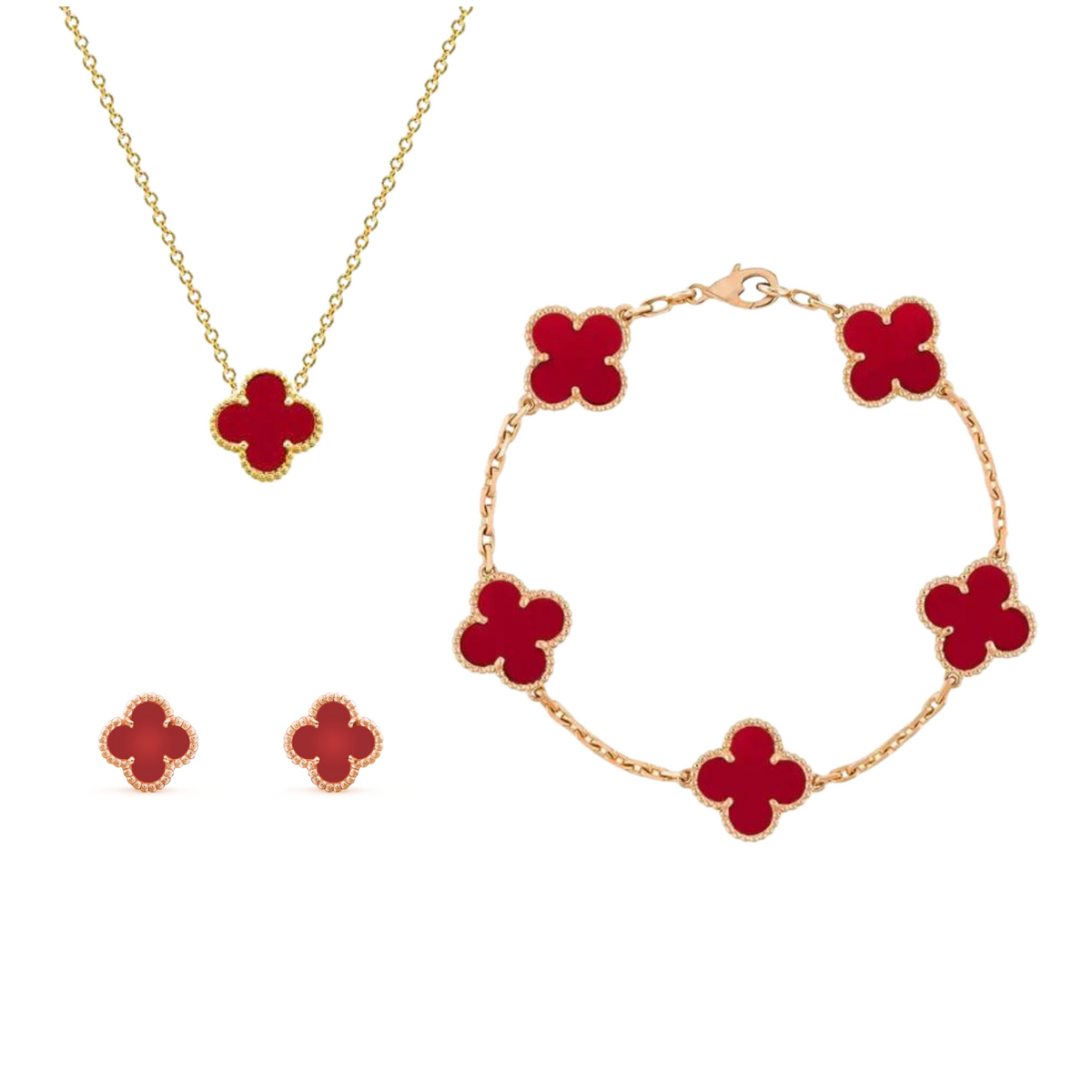 Four-Leaf Clover Jewelry Set – Necklace, Bracelet & Earrings – Gift-Ready in Luxury Box – Adjustable Fit – Nickel-Free Gold Plated Silver