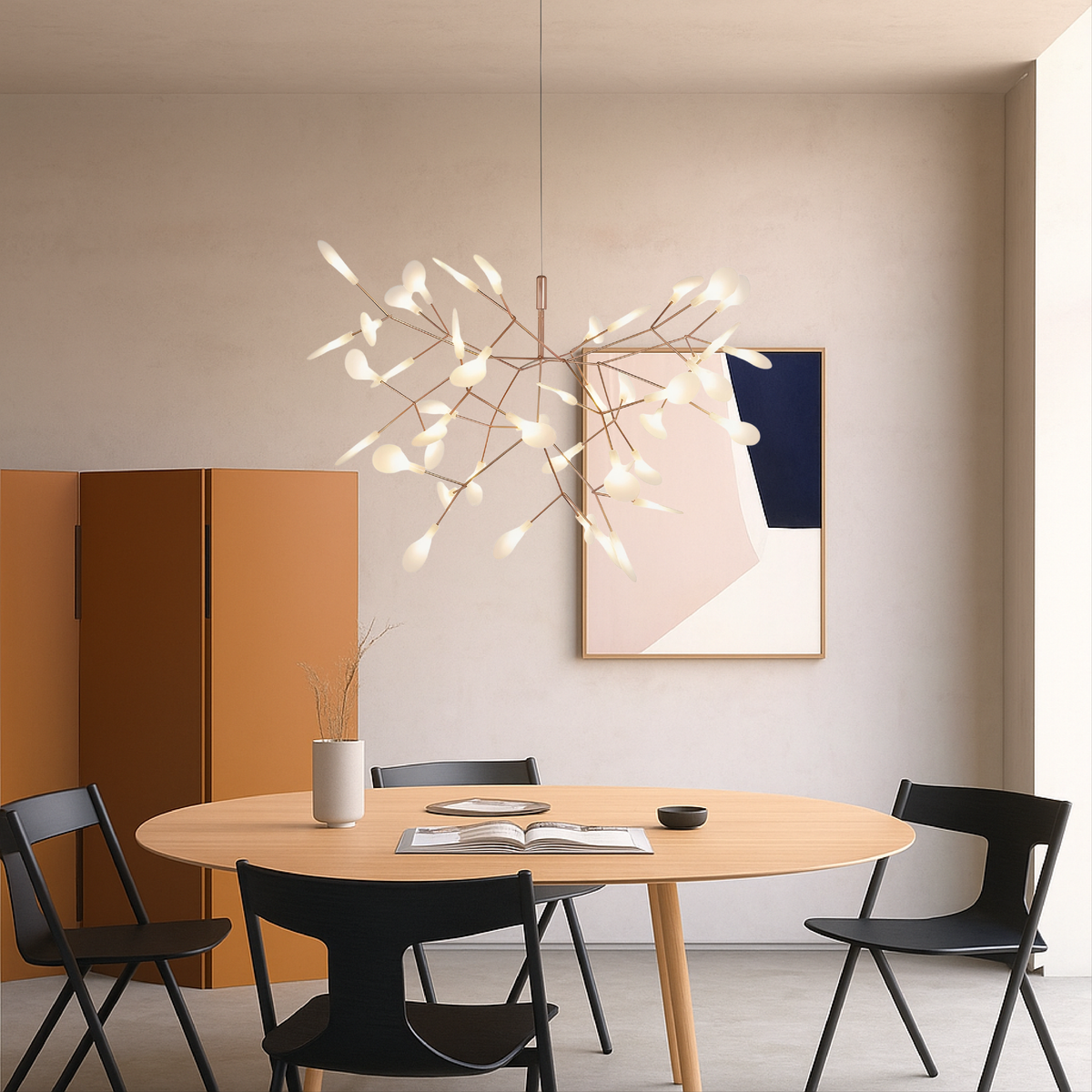 Branching LED Chandelier with Glowing Orbs in Rose Gold Finish – Modern Multi-Light Fixture for Dining Room, Living Room & High Ceilings