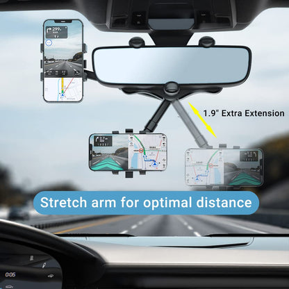 Adjustable Rearview Mirror Phone Mount for Cars – 360° Swivel Arm Clip-On Smartphone Cradle for Hands-Free Navigation & Calls