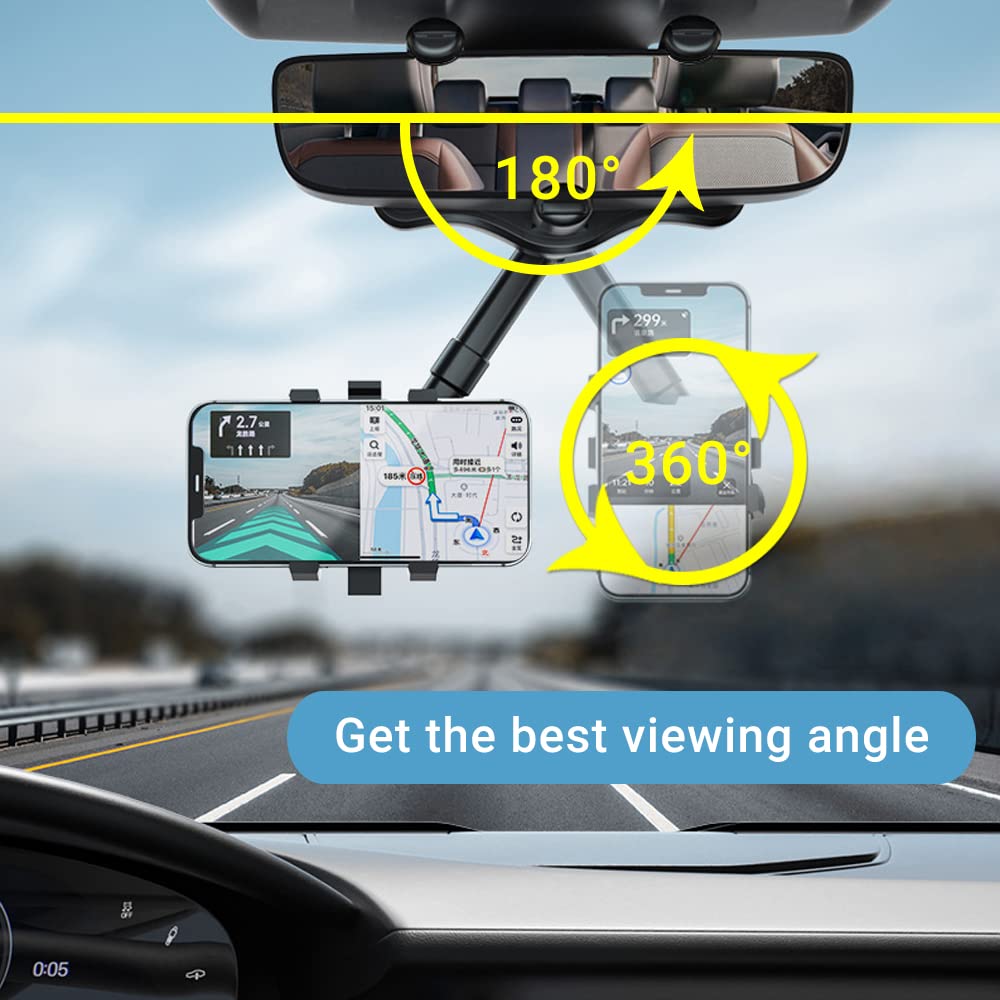 Adjustable Rearview Mirror Phone Mount for Cars – 360° Swivel Arm Clip-On Smartphone Cradle for Hands-Free Navigation & Calls