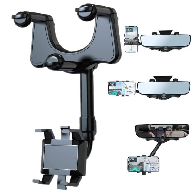 Adjustable Rearview Mirror Phone Mount for Cars – 360° Swivel Arm Clip-On Smartphone Cradle for Hands-Free Navigation & Calls