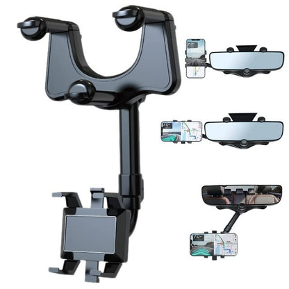 Adjustable Rearview Mirror Phone Mount for Cars – 360° Swivel Arm Clip-On Smartphone Cradle for Hands-Free Navigation & Calls