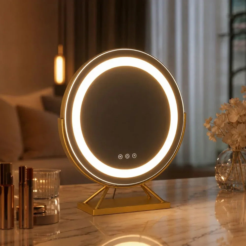 Tabletop Makeup Mirror with LED Light and 15x Magnifying Spot | 360° Rotating Vanity Mirror with 3 Color Temperatures