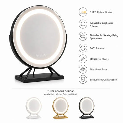 Tabletop Makeup Mirror with LED Light and 15x Magnifying Spot | 360° Rotating Vanity Mirror with 3 Color Temperatures